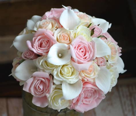 Pink Roses Bouquets Real Touch Ivory Pink Blush Roses Calla Etsy Wedding Bouquets Pink