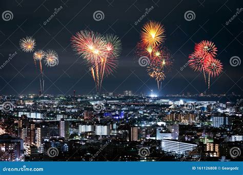 Fireworks Over Tokyo Cityscape At Night Japan Stock Photo Image Of