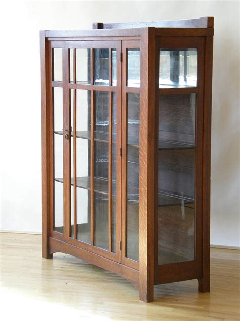 Arts And Crafts Mission Oak China Cabinet Bookcase With Glass Doors At