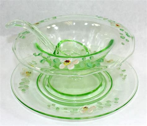 Antique Depression Glass Mayonnaise Bowl Green Vaseline Glass Compote Bowl Kitchen And Dining