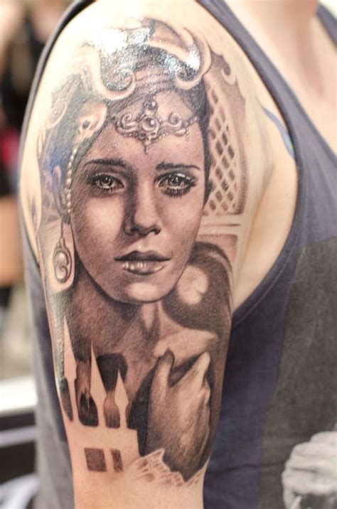 Black Ink Awesome Looking Shoulder Tattoo Of Beautiful Woman