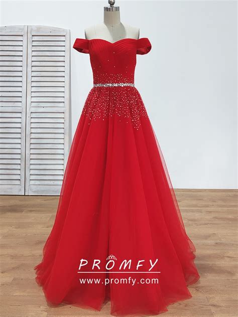 Promfy Beaded Red Tulle Off The Shoulder A Line Prom Dress