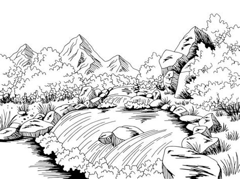 River And Mountains Landscape Outline Hand Draw Illustrations Royalty
