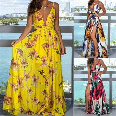 Focusnorm Womens Summer Boho Floral Long Maxi Evening Cocktail Party