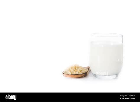 Rice Milk In Glass Isolated On White Background Copy Space Stock Photo