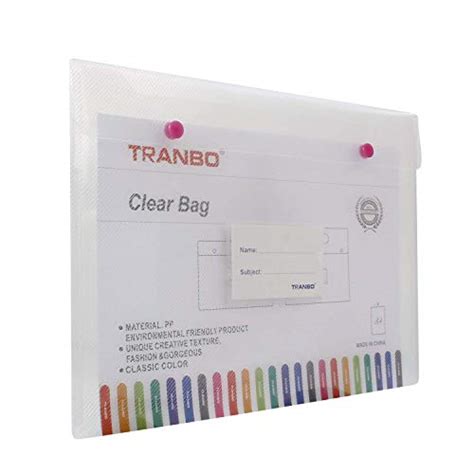 Tranbo® Plastic Clear Bag Document Folder File With Snap Button A4