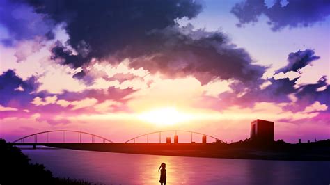 Anime Sunset River Sky Clouds Wallpapers Hd Desktop