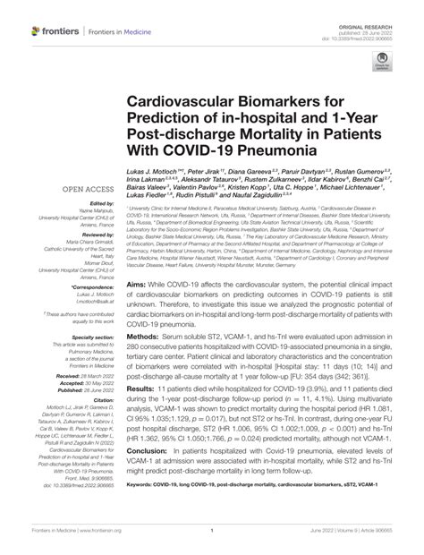 Pdf Cardiovascular Biomarkers For Prediction Of In Hospital And 1