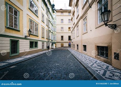 Narrow Cobblestone Street In Prague Czech Republic Stock Photo