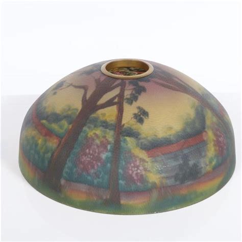 Lot Antique Reverse Painted Scenic Dome Glass Lamp Shade With