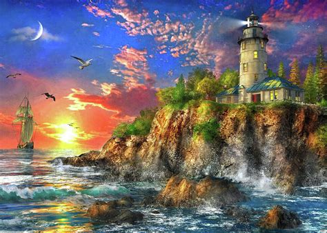 The Ocean Sunset Lighthouse Painting By Mgl Meiklejohn Graphics