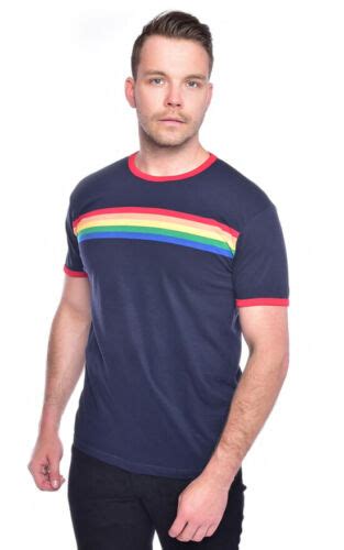 Mens Run And Fly Navy Retro Indie Rainbow Striped Ringer T Shirt 60s 70s