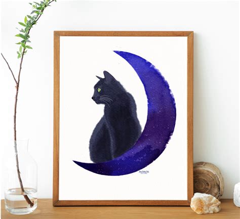 Watercolor Black Cat Art Print Cat And Moon Art Crescent Etsy