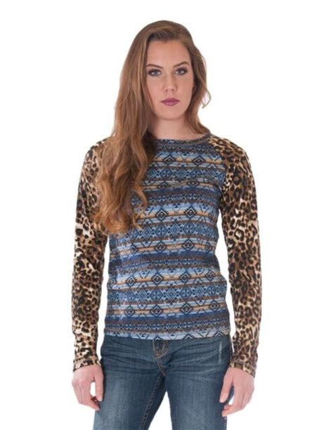 Cowgirl Tuff Western Shirt Womens Ls Tee Aztec Leopard Blue H00647 Ebay