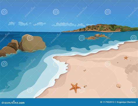Sand Beach And Sea Vector Colorful Graphic Drawing Sandy Shore With