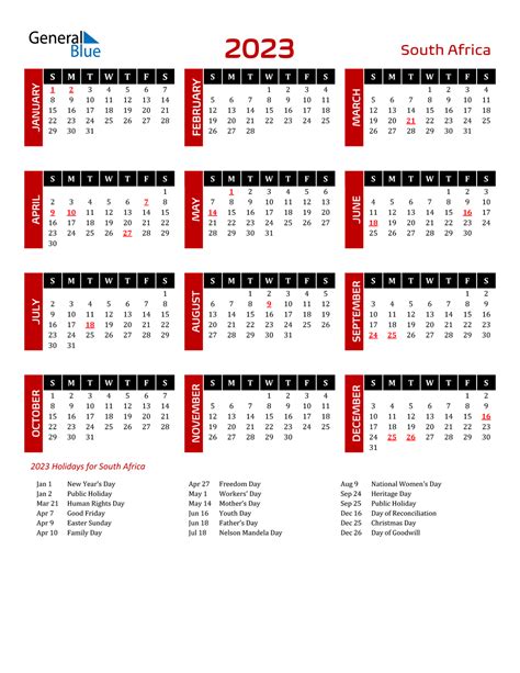 Calendar For 2023 With Holidays In South Africa Print And Download