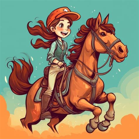 A Girl Riding On A Horse Cartoon Illustration With Generative Ai Stock