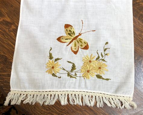 Vintage Linens Hand Embroidered Table Runner Butterflies Etsy Hand
