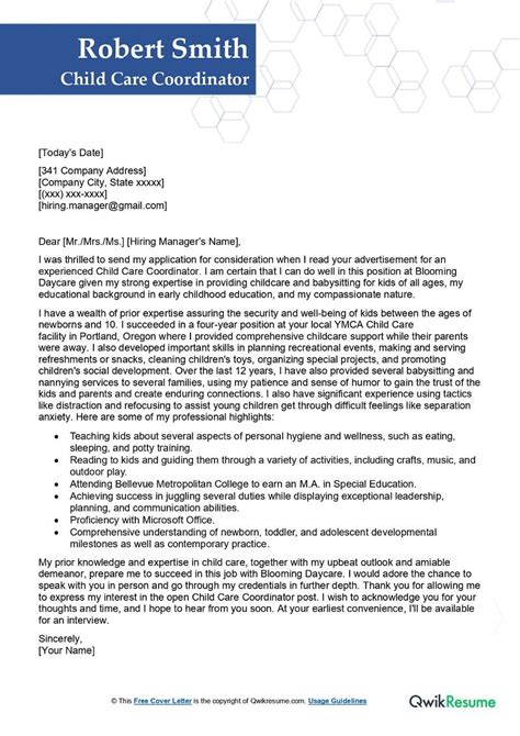 Child Care Coordinator Cover Letter Examples Qwikresume