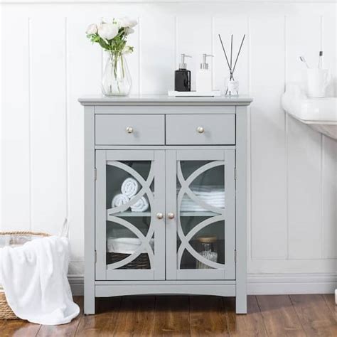 Glitzhome 32 In Wooden Gray Floor Storage Cabinet With Double Drawers