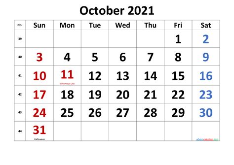 Printable October 2021 Calendar With Holidays