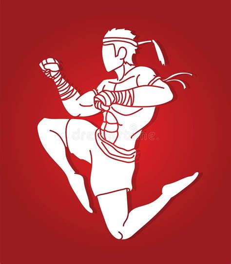 Muay Thai Action Thai Boxing Jumping To Attack Cartoon Graphic