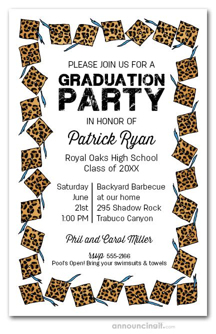 Cheetah Cap With Blue Tassel Graduation Party Invitations