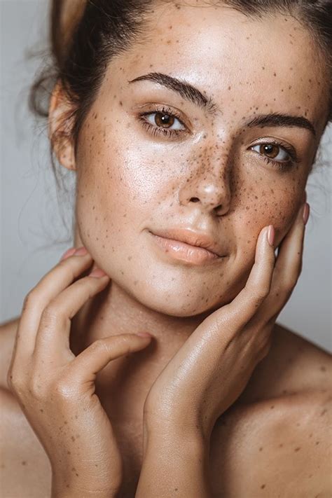 Brunette Woman With Freckles Fresh Clear Skin No Makeup Beauty Women