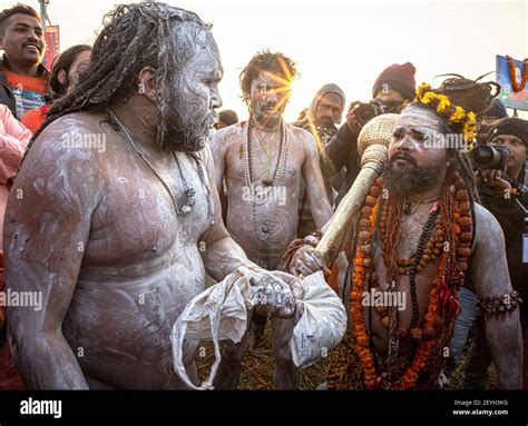 Naga Baba At Kumbh Mela During The Royal Bath At Ganges Ghat Stock