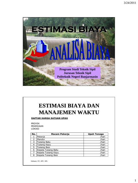 Pdf Proyek Pekerjaan Estimasi Biaya Lokasi No Macam Daftar Harga