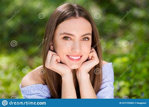 Portrait Of Attractive Cheerful Dreamy Girl Enjoying Good Weather Fresh