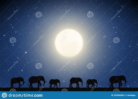 Familia De Elefantes Caminando En El Desierto En La Noche De La Luna
