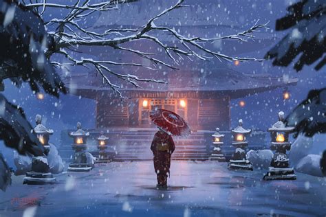 Winter Lantern Glow Anime Umbrella Scene Hd Wallpaper By Surendra Rajawat