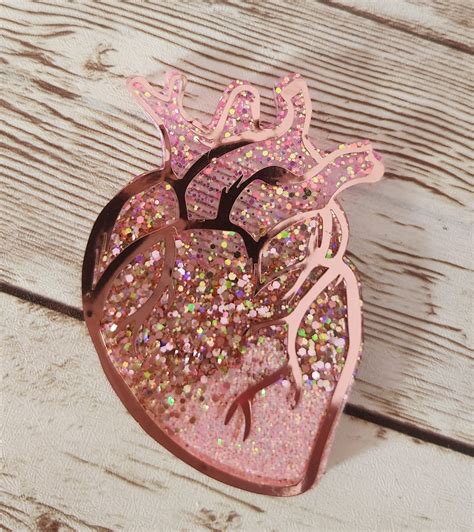 Heart Badge Reel Pink Glitter And Metallic Rose Gold Anatomical Heart