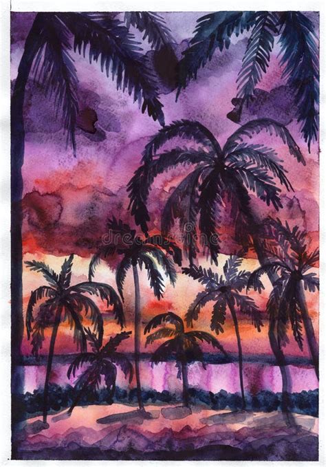 Watercolor Palm Trees On Black Background Stock Illustration