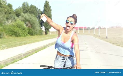 Young Woman Taking Cute Selfies While Cycling Graded Stock Video Video Of Riding Posing