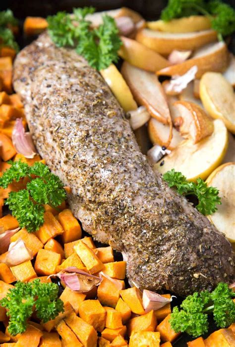 Thinly slice the tenderloin on the bias. One pan roasted pork with sweet potato, pear, apple and ...