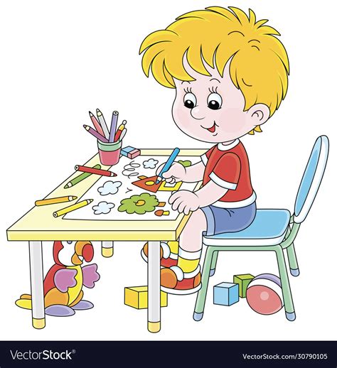 Little Boy Drawing A Picture With Color Pencils Vector Image