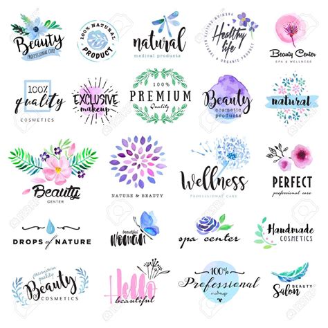 Set Of Hand Drawn Watercolor Labels And Badges For Beauty Healthy Life