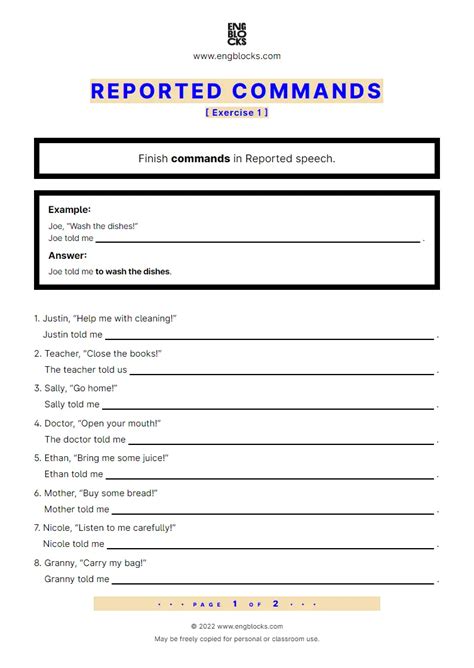 Reported Commands Mix Positive And Negative Sentences Worksheet