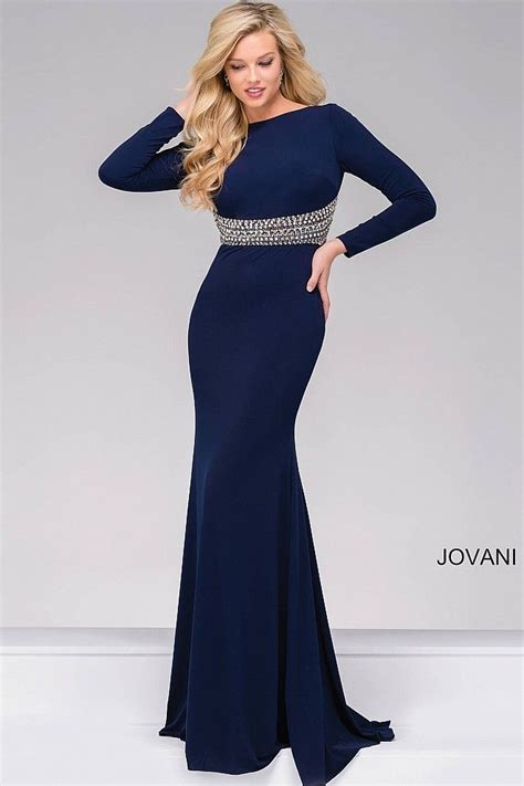 Navy Jersey Fitted Long Sleeve Prom Dress 48979 Jovani Dresses Prom