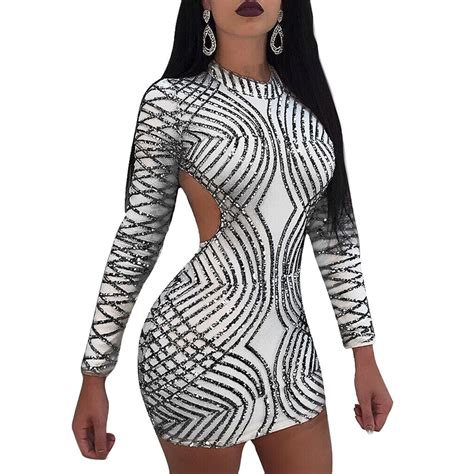 Striped Silver Sequin Long Sleeve Backless Bodycon Dress Sf