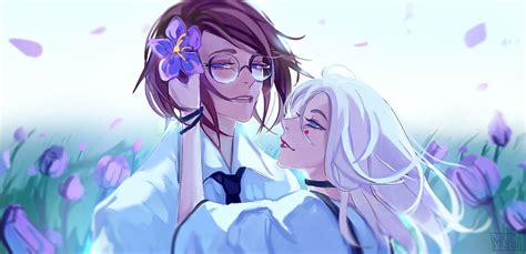 Hd Wallpaper Anime Couple Romance Glasses Flowers White Hair Blue