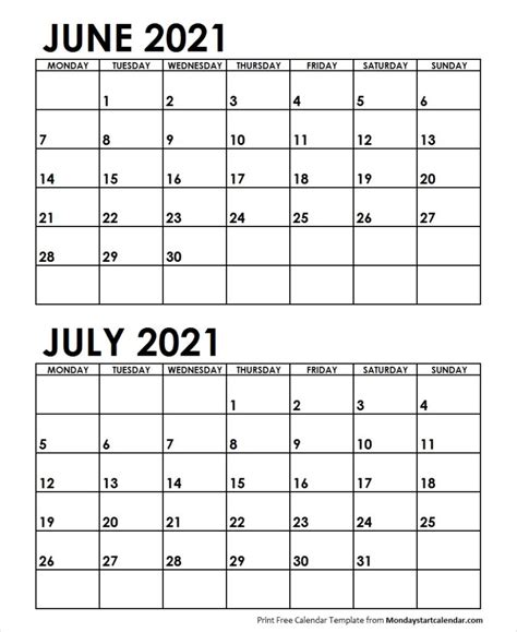 Jun Jul 2021 Calendar Monday Start Editable Two Months Template