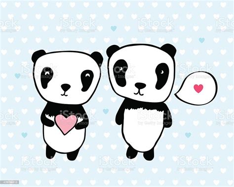 Hand Drawn Pandas With Hearts For Your Design Stock Illustration