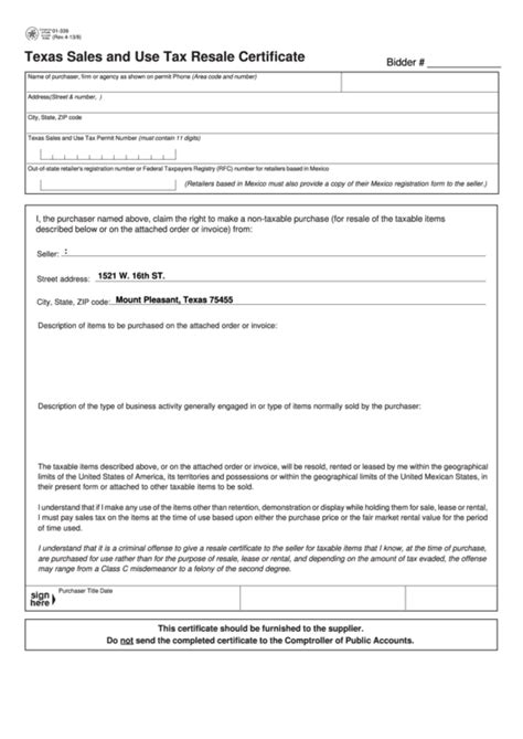 Fillable Form 01 339 Texas Sales And Use Tax Resale Certificate