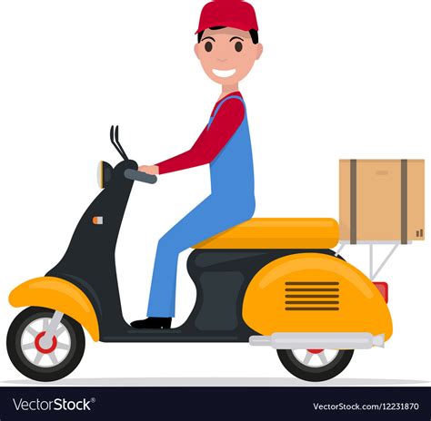 Flat Cartoon Delivery Man On A Scooter Royalty Free Vector