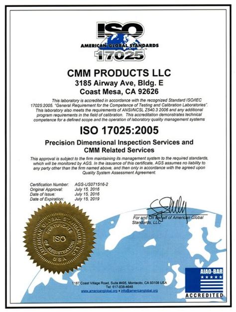 Iso 170252005 Certificate Cmm Products