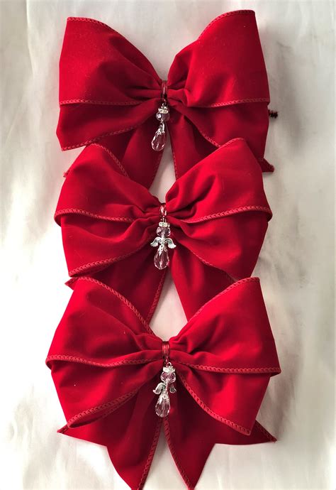 Luxury Red Velvet Bows 6 Wide With Crystal Angel Droplet Etsy