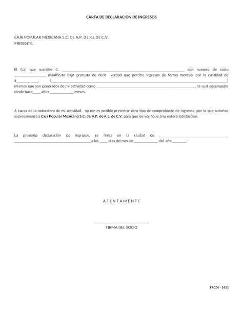 Docx Carta De Declaracion De Ingresos Dokumentips